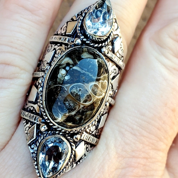 New Turtella Agate Fossil & White Topaz 925 Silver Statement Ring. - Picture 10 of 16
